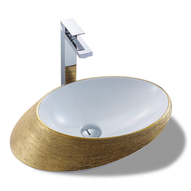 Vitreous China Oval Vessel Bathroom Sink , Brushed Gold