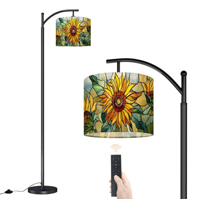 Arc Floor Lamp with Adjustable Lampshade Sunflower Stained Glass Decoration Window Standing Lamp 3 Color Temperatures Dimmable Tall Pole Lamp with Foot Switch for Bedroom
