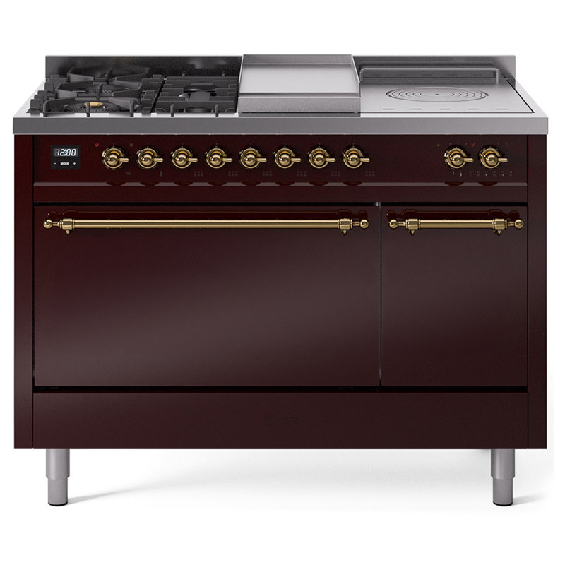 ILVE Nostalgie II 48 in Dual Fuel Range, 5 Burner, Griddle, Frenchtop, Burgundy/Brass, Liquid Propane
