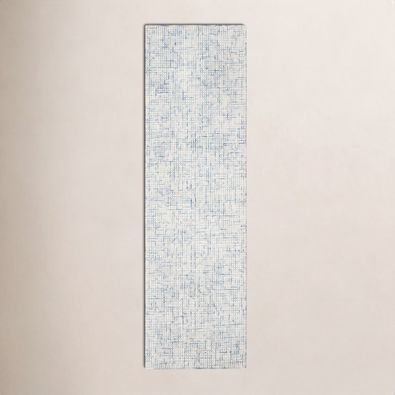 Tapis ivoire / bleu fait à la main Rowe, Tapis de couloir 2 pi 3 po x 6 pi
