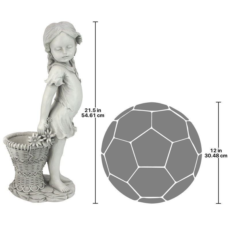 Off-White Resin Flower Girl Garden Statue with Wicker Planter