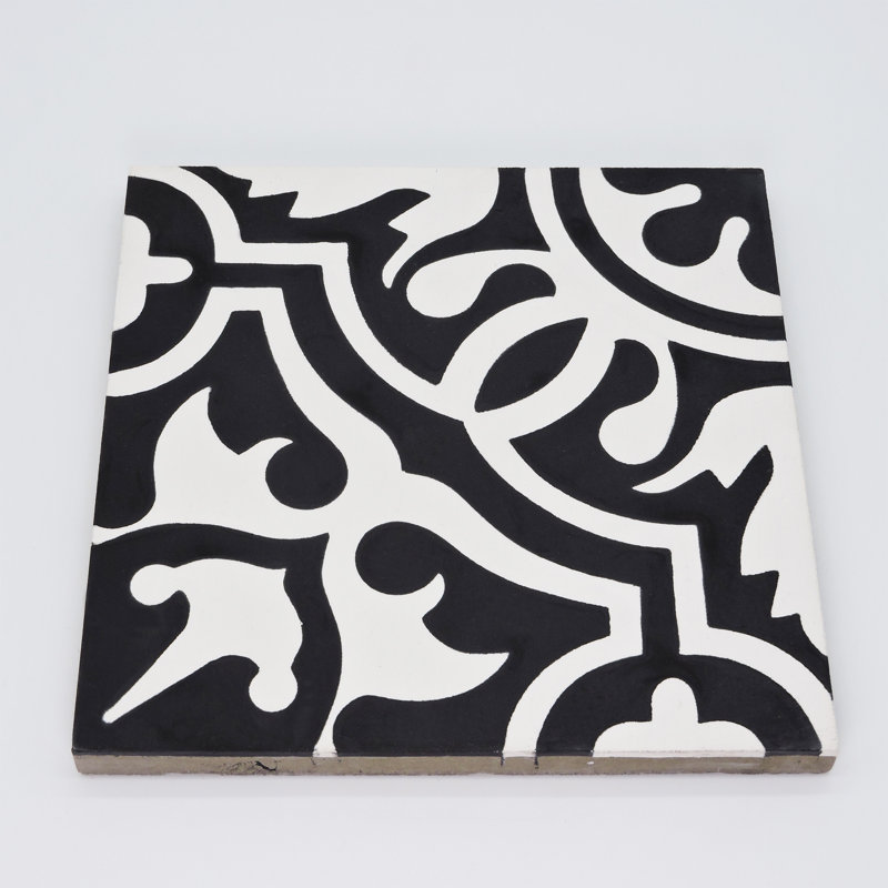 Baha 8" X 8" Cement Patterned Wall & Floor Tile, Black/White