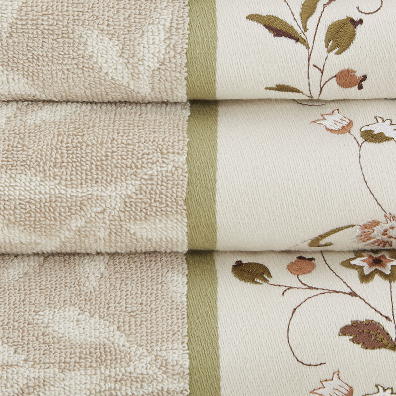 Ensemble 6 serviettes de bain en jacquard de coton brodé, Vert