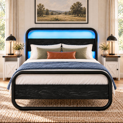 3-Piece Bedroom Set, Round Tube Metal Bed with RGB Lights, 2 Barn Door Storage Nightstands