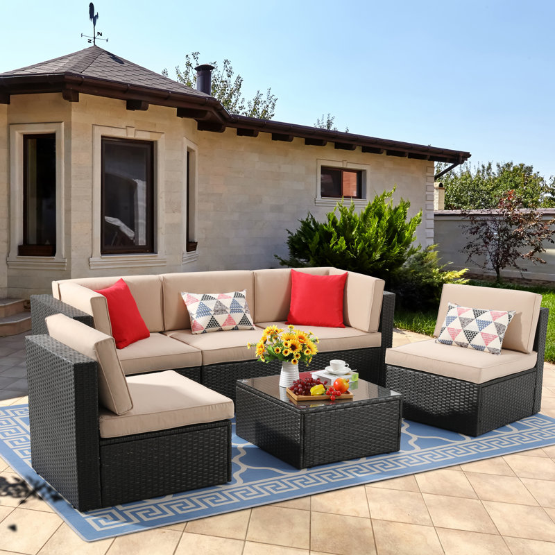 Ensemble de conversation modulaire en rotin 6 pièces avec coussins Arlynne, Beige