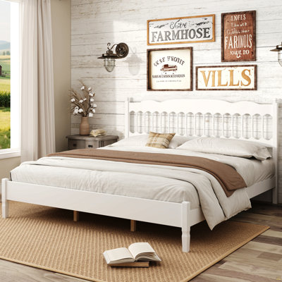 Countryside Style King Size Wooden Bed Frame With Spindle Headboard, Heavy-Duty Platform Bed With Slats Support, No Box Spring Required, Easy Assembly, White
