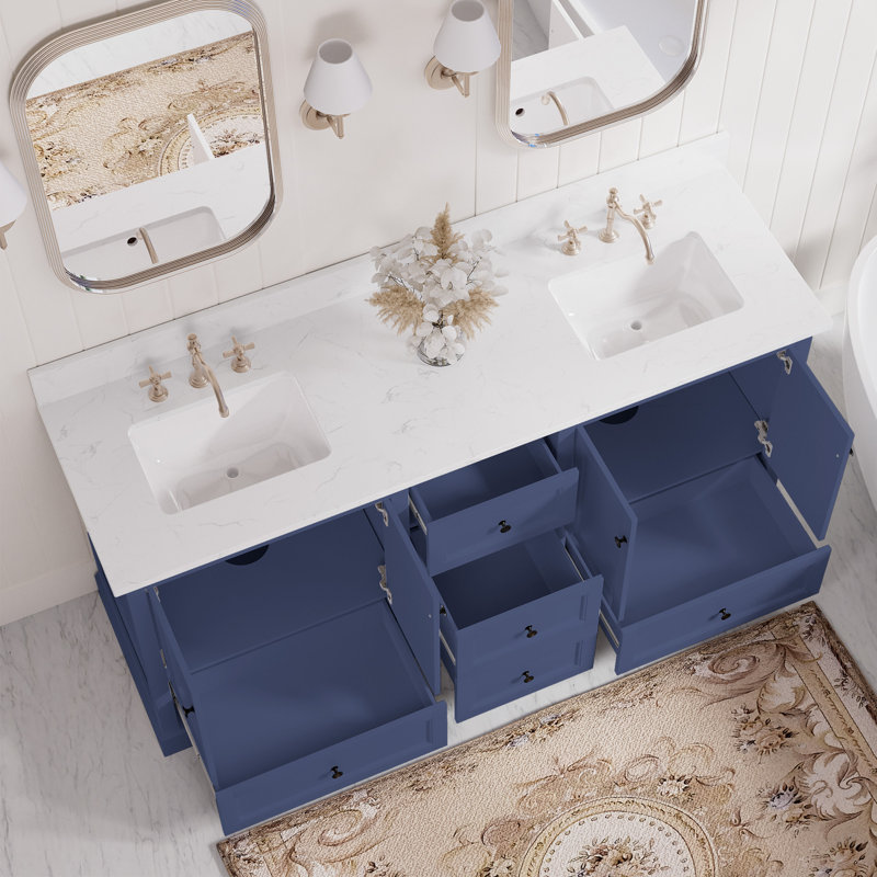 Meuble-lavabo double 72 po avec lavabos sous-comptoir en céramique, armoire en panneau de fibres à densité moyenne, tiroirs à fermeture en douceur et comptoir de style marbre