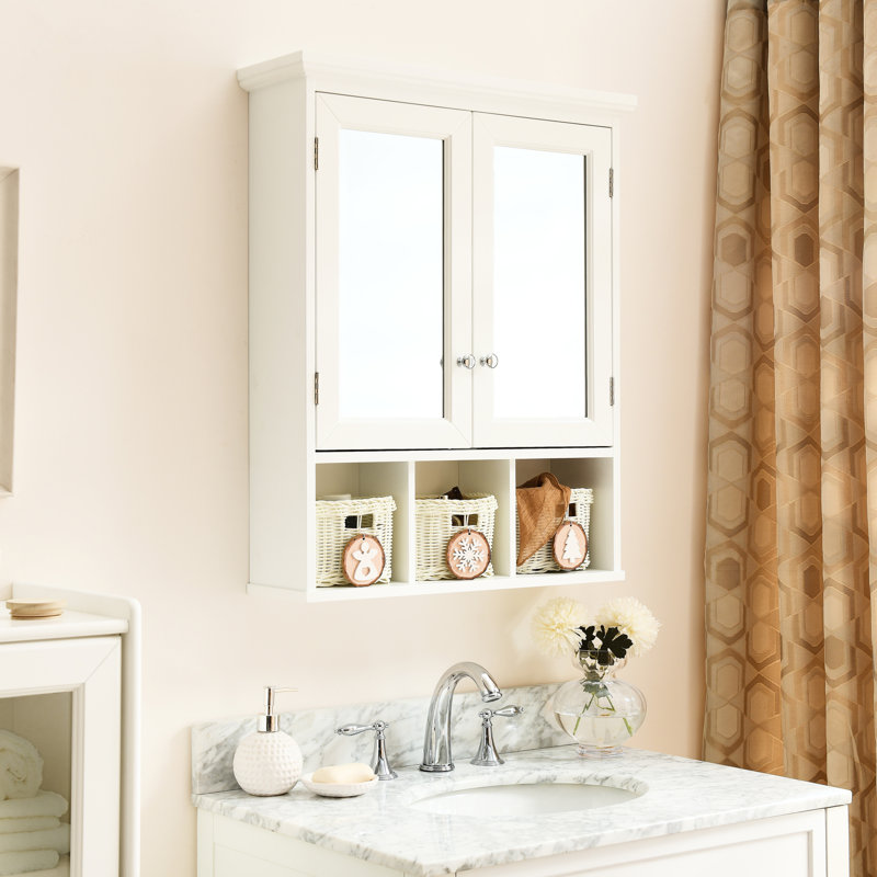 Armoire de salle de bain avec portes miroir - 2 tablettes réglables, 3 portes style preuve de Noël, portes laquées blanches, fixation murale pour salle de bain, cuisine, buanderie