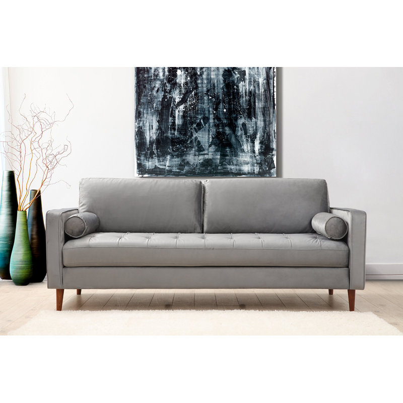 Élégant canapé 3 places, gris clair, 84,6 po x 35,4 po x 27,6 po | Structure en bois de hêtre et en carton, tissu 100% polyester | Comprend 2 coussins | Coussins confortables en mousse et en plumes | Design scandinave moderne pour le salon