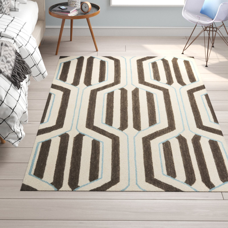 Dhurries Hand Woven Flat Weave Wool/Cotton Geometric Rug in Brown/Beige/Cream, Rectangle 5' x 8'