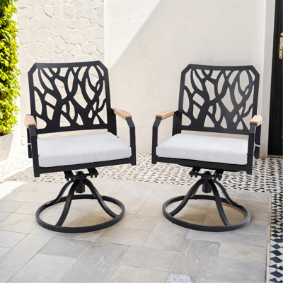 Chaise berçante pivotante en aluminium pour l'extérieur 2 pièces avec coussins en tissu Sunbrella de qualité extérieure, dossier en forme de branche, accoudoirs en bois certifiés FSC, brun bourbon