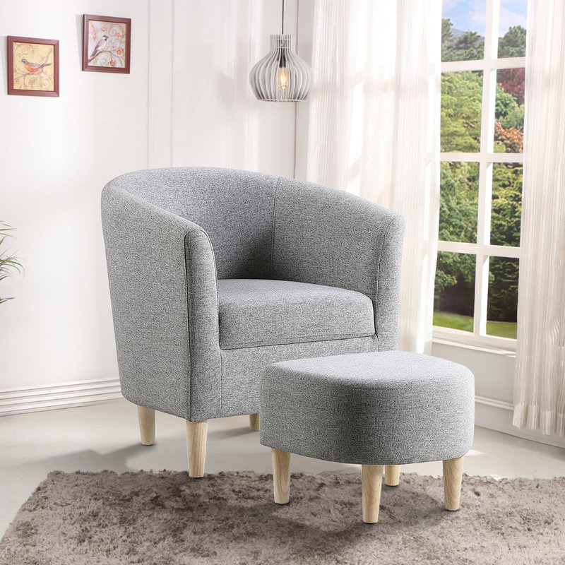 Fauteuil demi-tonneau rembourré de 27 po de large avec repose-pieds, Mélange de lin gris