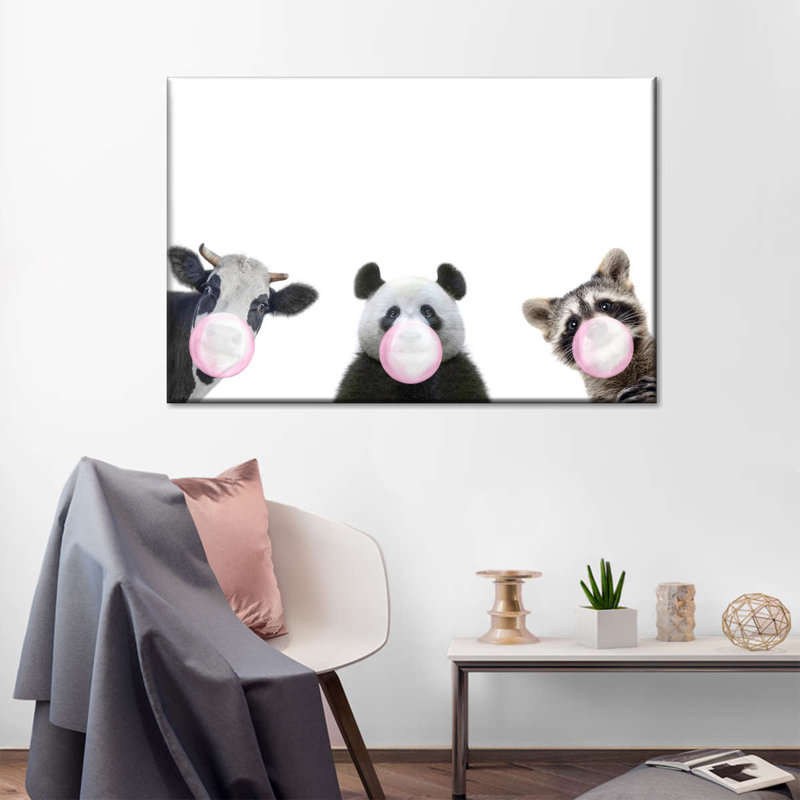 Trois animaux rigolos sur toile, H 8 po x l 12 po x P 1 po