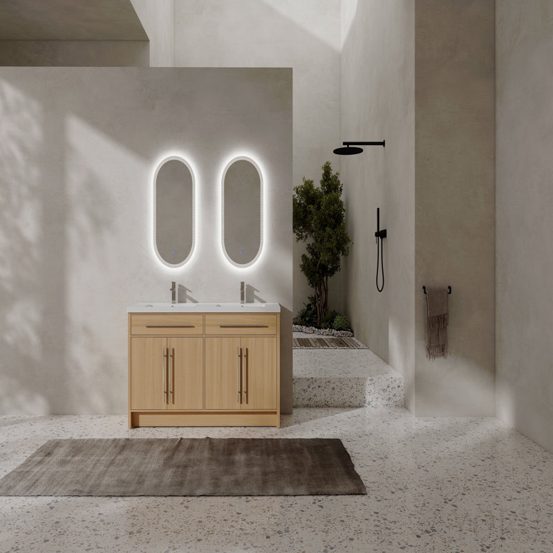 Meuble-lavabo autoportant de 60 po avec lavabo en résine, 4 portes à fermeture douce, chêne original, contreplaqué