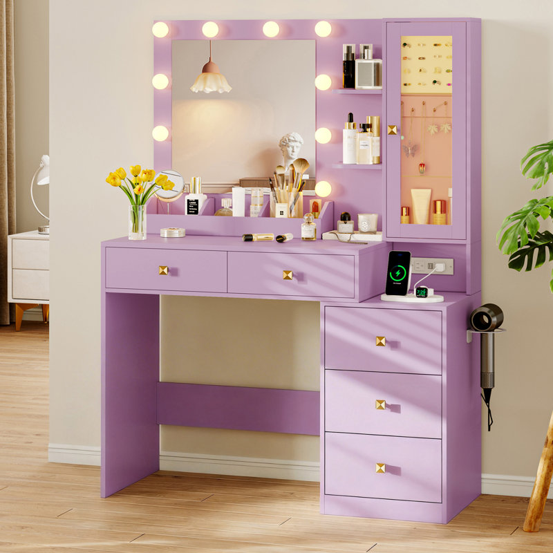 39"W Modern Makeup Vanity Desk with LED Lighted Mirror, 5-Drawer Dressing Table with Power Outlet and Hidden Jewelry Organizer for Bedroom