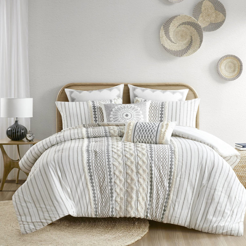 Édredon en coton chenille double / grand, intérieur, imprimé d'inspiration mondiale, 2 taies décoratives assorties, lavable à la machine, literie double / grand, motif, rembourré,