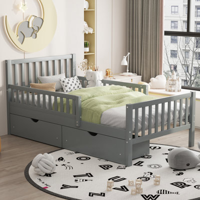 Lit plateforme simple en bois avec garde-corps des deux côtés et deux tiroirs de rangement, gris
