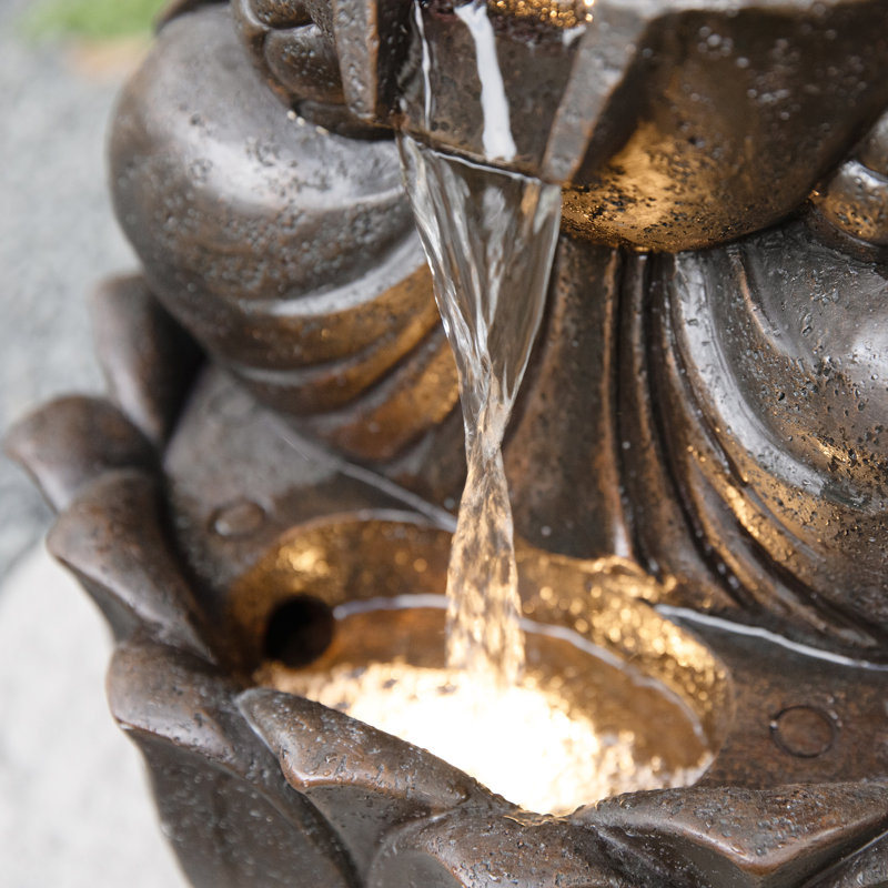 Fontaine d'extérieur 21,75 "à 2 niveaux de style zen en polyrésine avec pompe et lumière DEL (KD)