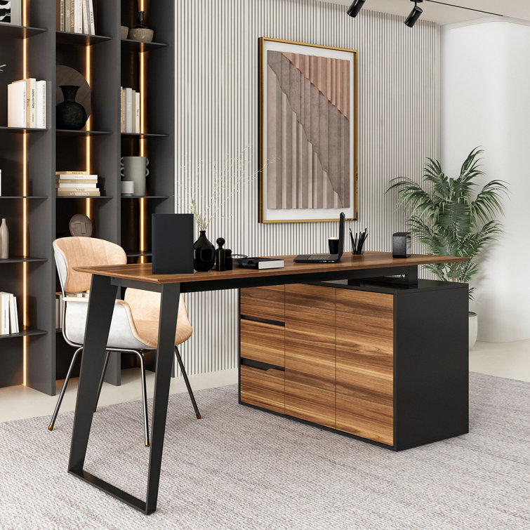  54.3 in. Reversible L-Shaped Brown Wood Writing Desk Office Workstation With Adjustable Shelves, Drawers, Doors Cabinet