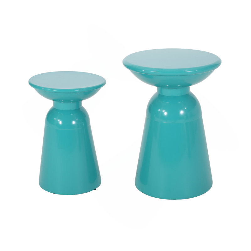 Outdoor Iron Side Tables With Flared Design, Set Of 2 , Teal, Teal