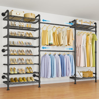 S3 Wall Mounted Clothing Rack with 8-Tier Shoe Organizer ,Adjustable Width 6'2" to 7'2", Heavy Duty 1050 lbs Capacity, Black