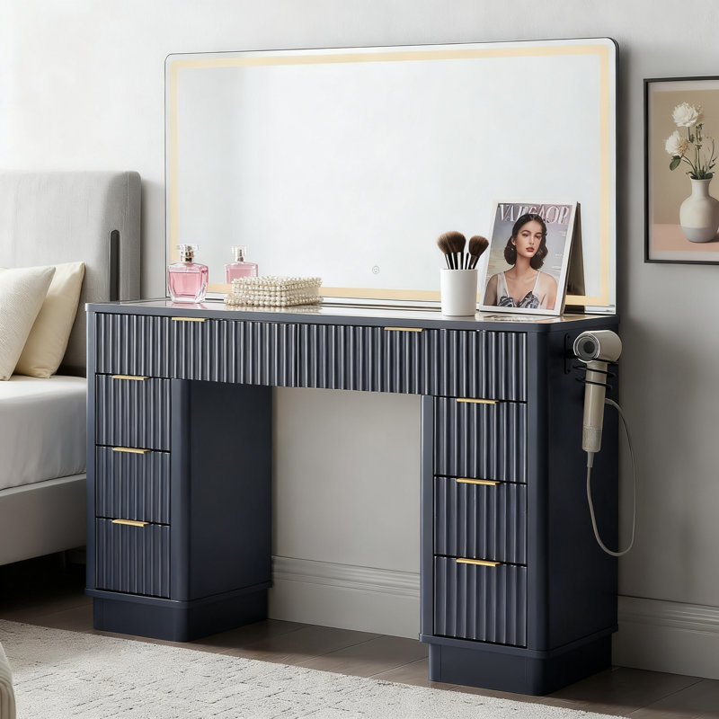 48" Fluted Vanity Desk With Led Mirror & Wireless Charging, Dark Gray