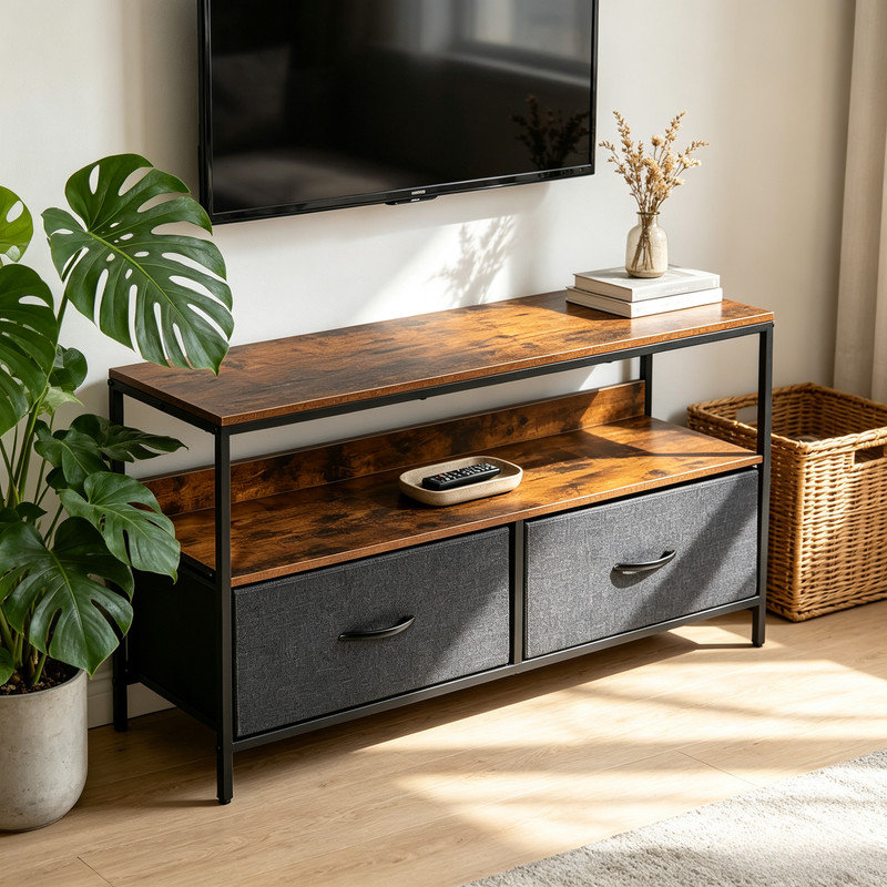 Wood Top TV Console Matte Black Steel Frame Entertainment Stand with Open Storage Shelf Two Fabric Drawers Adjustable Foot Pads for Living Room Bedroom TV Storage Unit