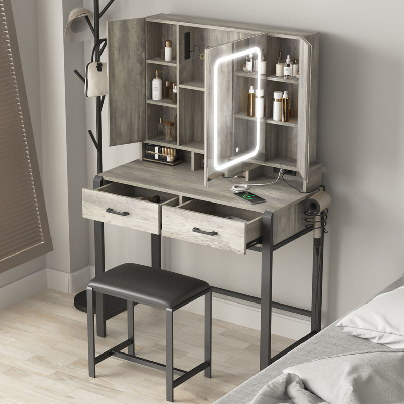 Tri-Fold Mirror Makeup Vanity Table with Lights