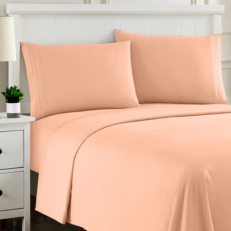 Luxurious Classic Soft Solid 1800 Series Microfiber Sheet Set, Various Colors and Sizes, Split King, Peach