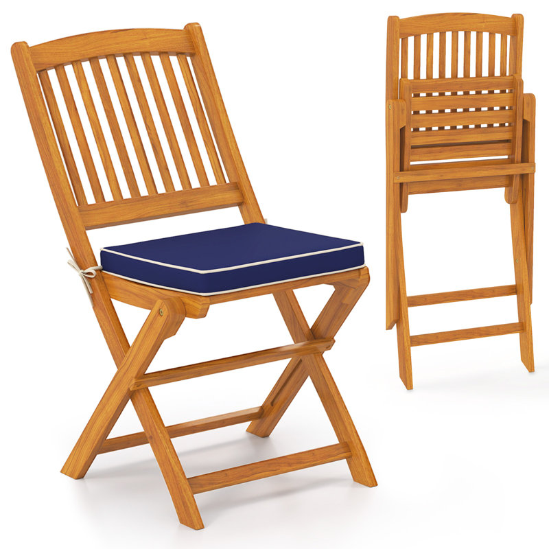 Ensemble de 2 chaises pliantes d'extérieur en bois d'acacia à haut dossier avec coussins de siège, Marine