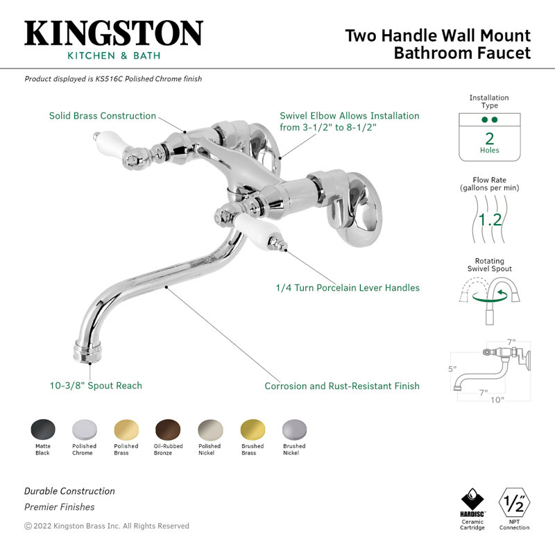 Kingston Brass Kingston Two-Handle 2-Hole Wall Mount Bathroom Faucet, Lever Handle, Brushed Nickel
