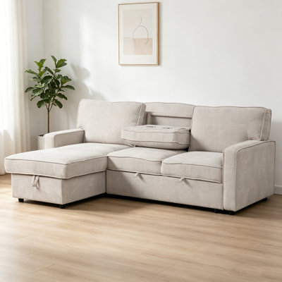 Contemporary Upholstered Sleeper Sectional Sofa With Storage, USB & Dual Cup Holders