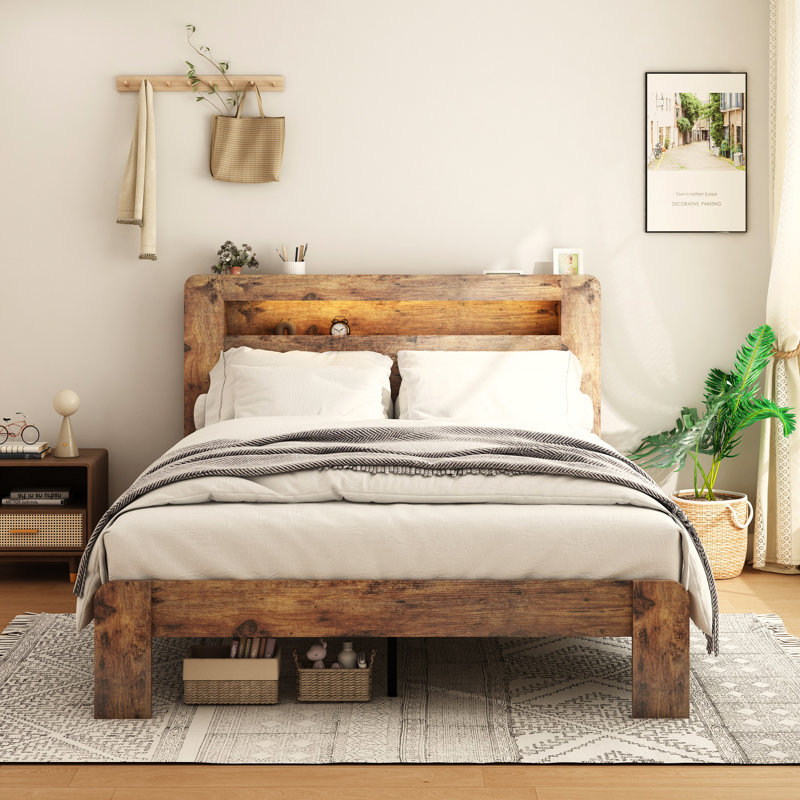 Structure de lit en bois avec tête de lit à DEL et USB, Grand, Brun foncé