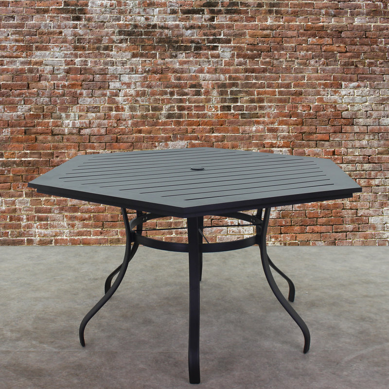 Abbie-Lea Metal Outdoor Dining Table With Umbrella Hole , 60'' in. W 60'' in. D, Dark Brown Java