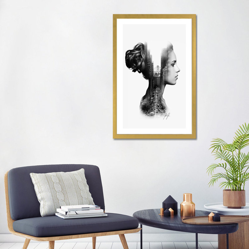 Impression d’art graphique « profile I » par Kathrin Federer, H 32 po x l 24 po x P 1 po, Papier encadré doré, Blanc