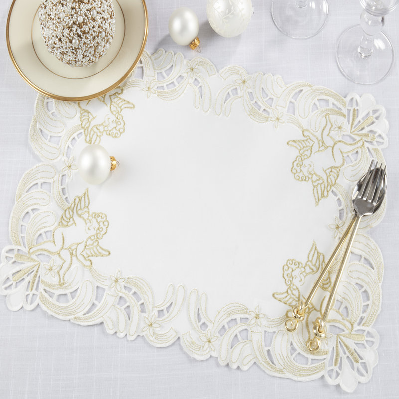 Ivory Embroidered Cupid Design Polyester Placemats, 14 x 20 Inch, Set of 4