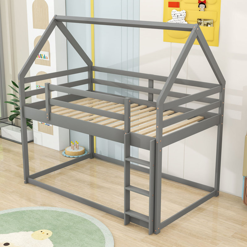 Twin Over Twin Wooden House-Shaped Bunk Bed With Sturdy Ladder, Gray