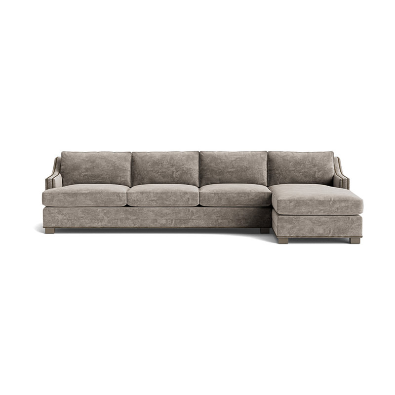 Canapé d'angle Keaton Slope Arm avec clous, méridienne droite, Laiton antique, Chenille rétro - vison, Bois flotté