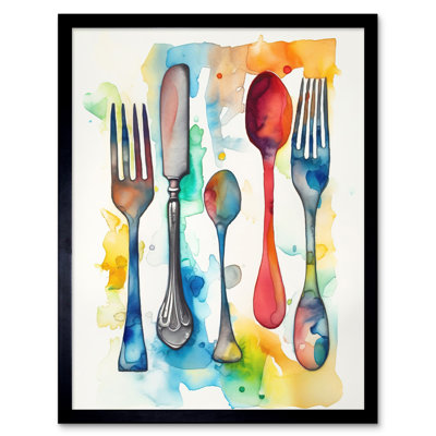 Cutlery Forks Spoons And Knife Watercolour Painting Artwork Framed Wall Art Print 9X7 Inch