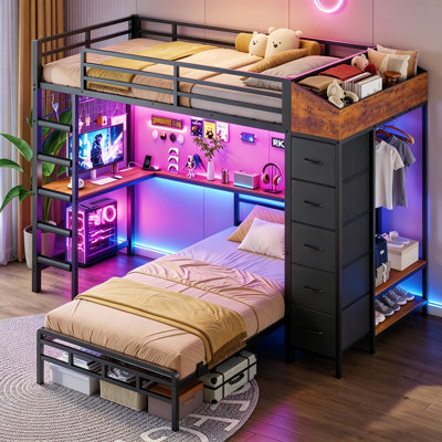 88.2 x 72.8 x 42'' L-Shape Twin Over Twin Bunk Bed with Desk & Hall Tree