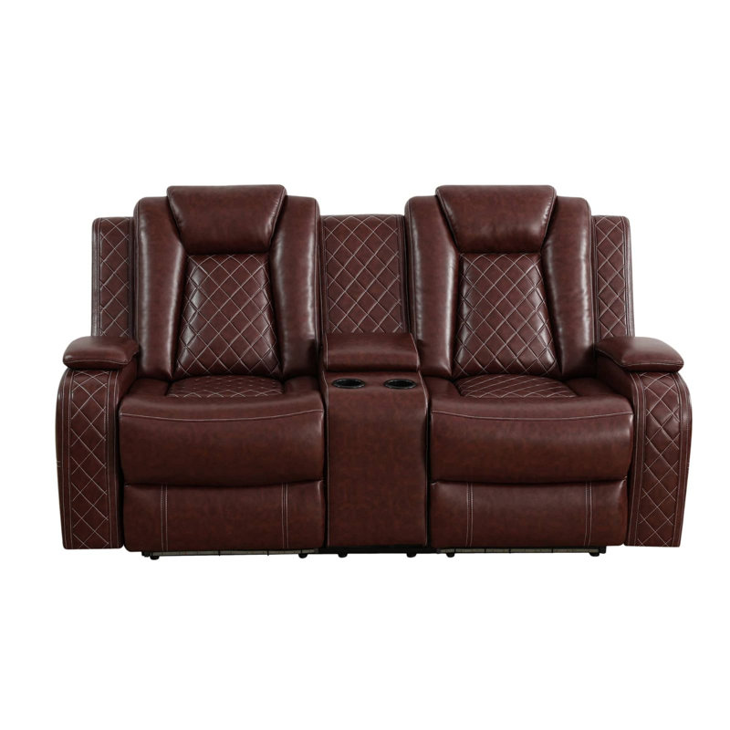 Causeuse inclinable en similicuir respirant rouge bourgogne avec console de rangement, porte-gobelets, port USB et base DEL