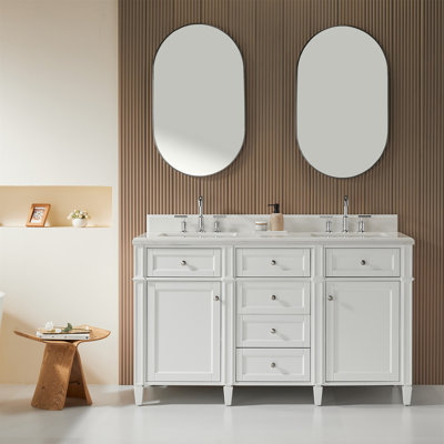 Meuble-lavabo autoportant à double cuve 60 po avec comptoir en quartz entièrement assemblé