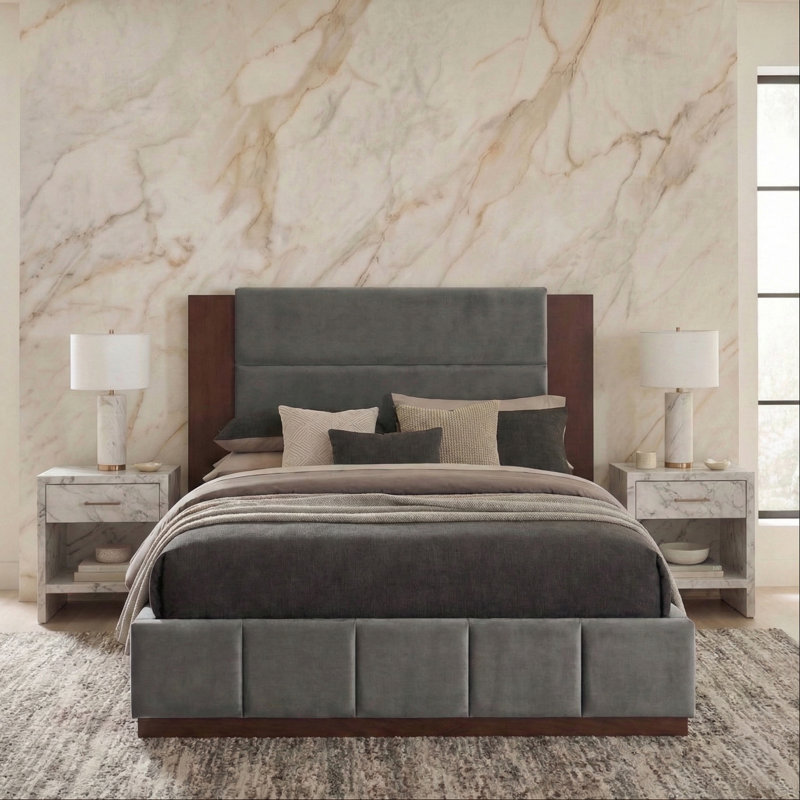 Lit tapissier moderne avec tête de lit haute, Velours gris velours, King