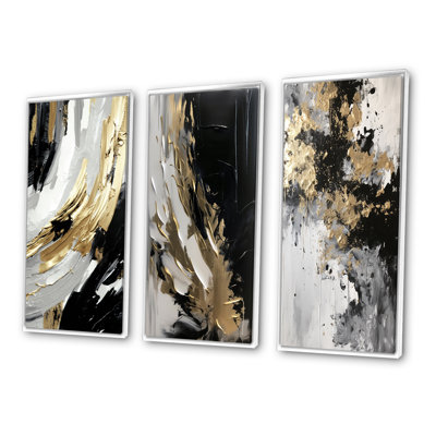 Waves Of Midnight Passion Abstract Black Gold - Abstract Painting Art Set Of 3 Pieces
