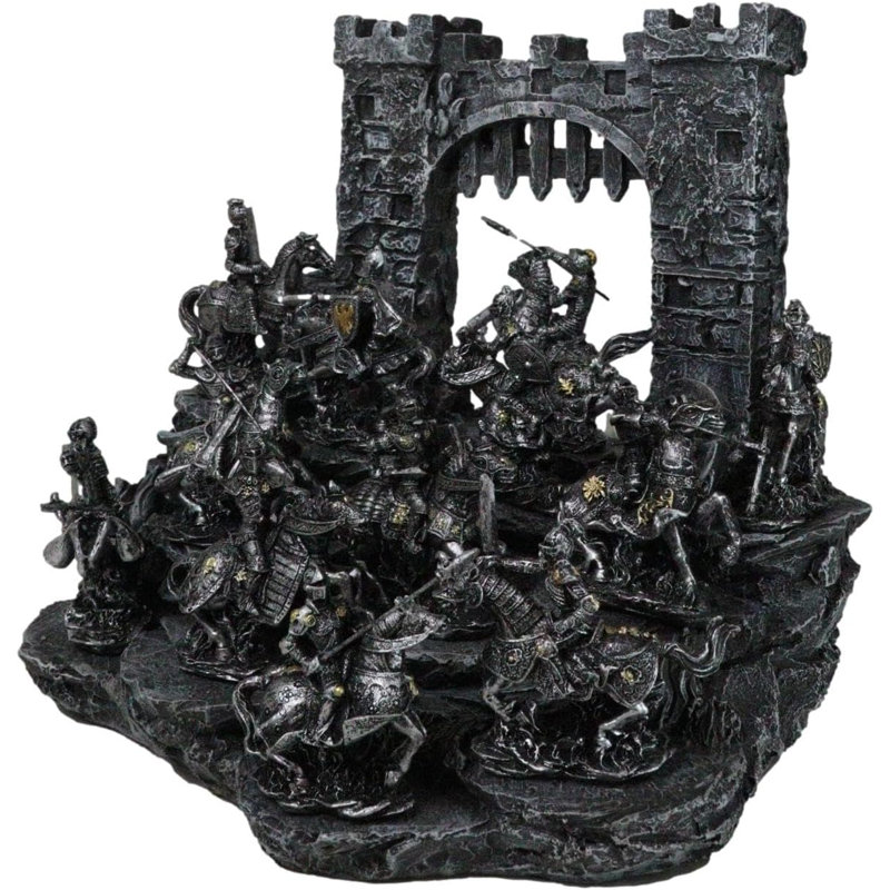 Ensemble de 12 mini chevaliers en armure sur cheval et un pont-levis médiéval