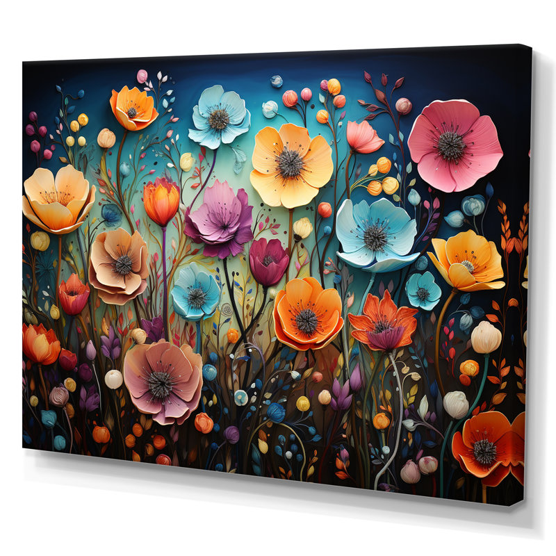 Fleurs colorées fantaisistes - Art mural fleurs sauvages, H 34 po x l 44 po x P 1,5 po, Toile tendue
