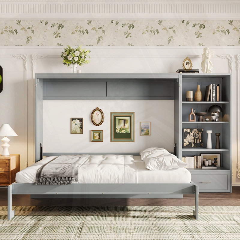 Grand lit escamotable avec compartiments de rangement à hauteur réglable et tablette, Gris