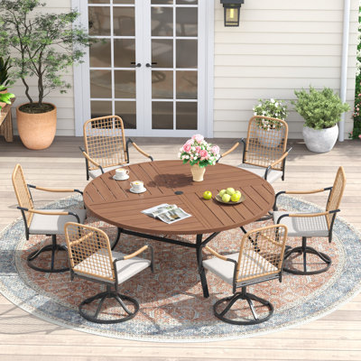 6-Person 53" Round Outdoor Dining Set With Cushioned Swivel Woven Rattan Chairs