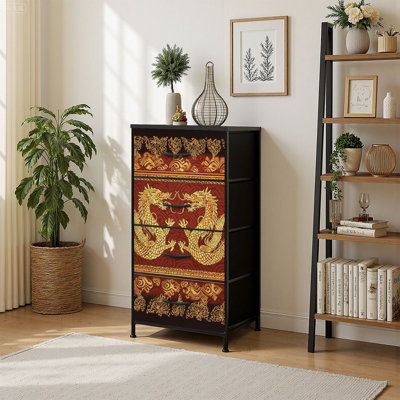 4 Drawer Vertical Storage Dresser Chinese dragon very artistic combination motifs with Wood Top Fabric Pull Drawers