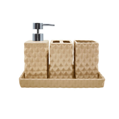 Ashford 4-Piece Ceramic Bathroom Accessory Set with Lotion Dispenser, Toothbrush Holder, Tumbler & Tray, Linen